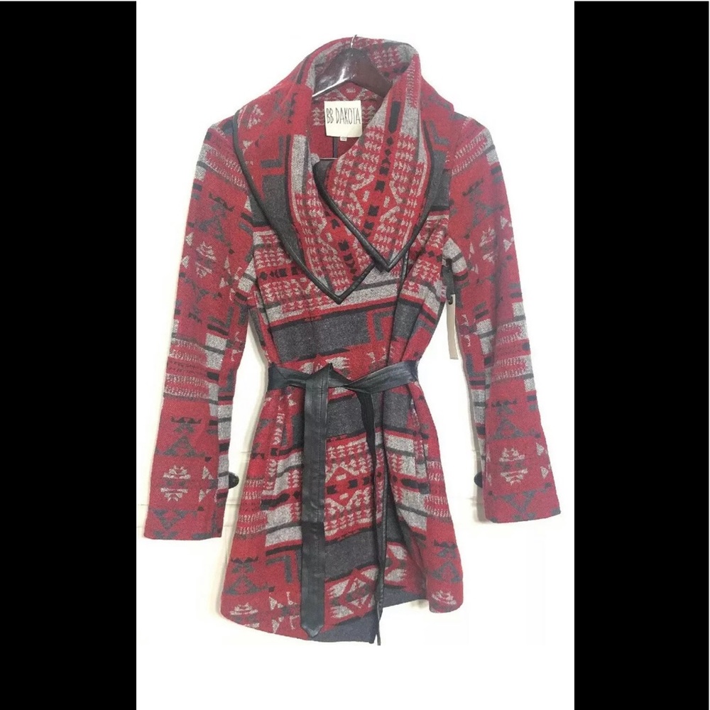 Bb Dakota Coat Open Red Black Belted Tribal Print